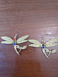 Antique gold tone dragonfly earrings with red blue and green stone-style accents