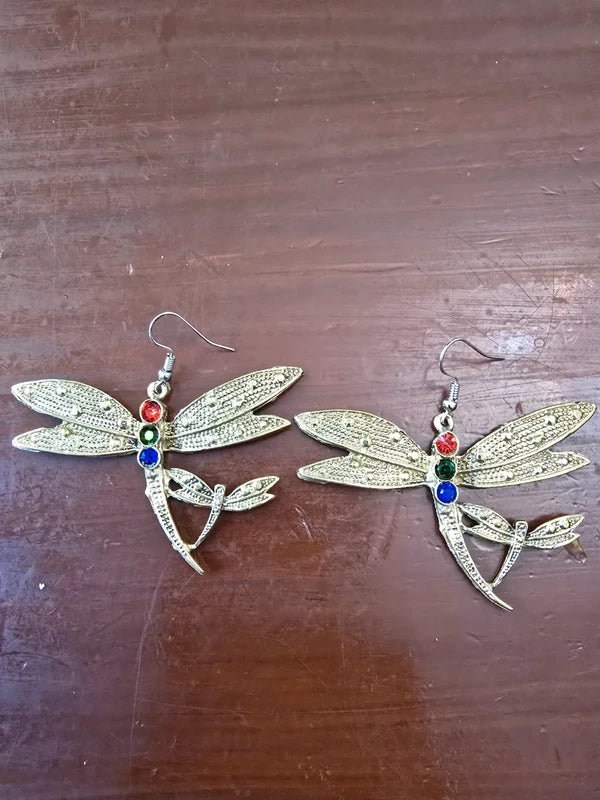Antique gold tone dragonfly earrings with red blue and green stone-style accents
