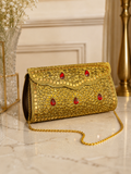 Gold Embellished Crystal Clutch Bag – Red Stone Evening Purse