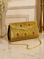 Gold Embellished Crystal Clutch Bag – Red Stone Evening Purse