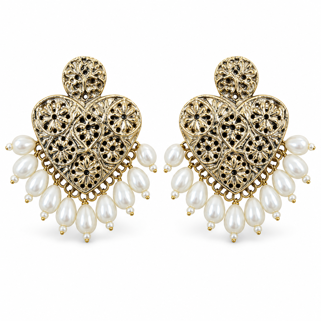 Gold-Tone Floral Filigree Pearl-Look Chandelier Earrings, matching pair on white background