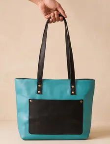 Genuine Leather Tote Bag for Women Teal Black Handbag with Front Pocket - view 4