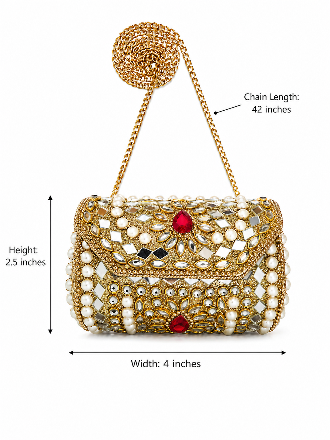 Gold Embellished Clutch Bag Pearl Mirror Style Evening Purse - view 2