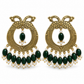 Gold-Tone Peacock Chandbali Earrings with Green Beads, matching pair on white background
