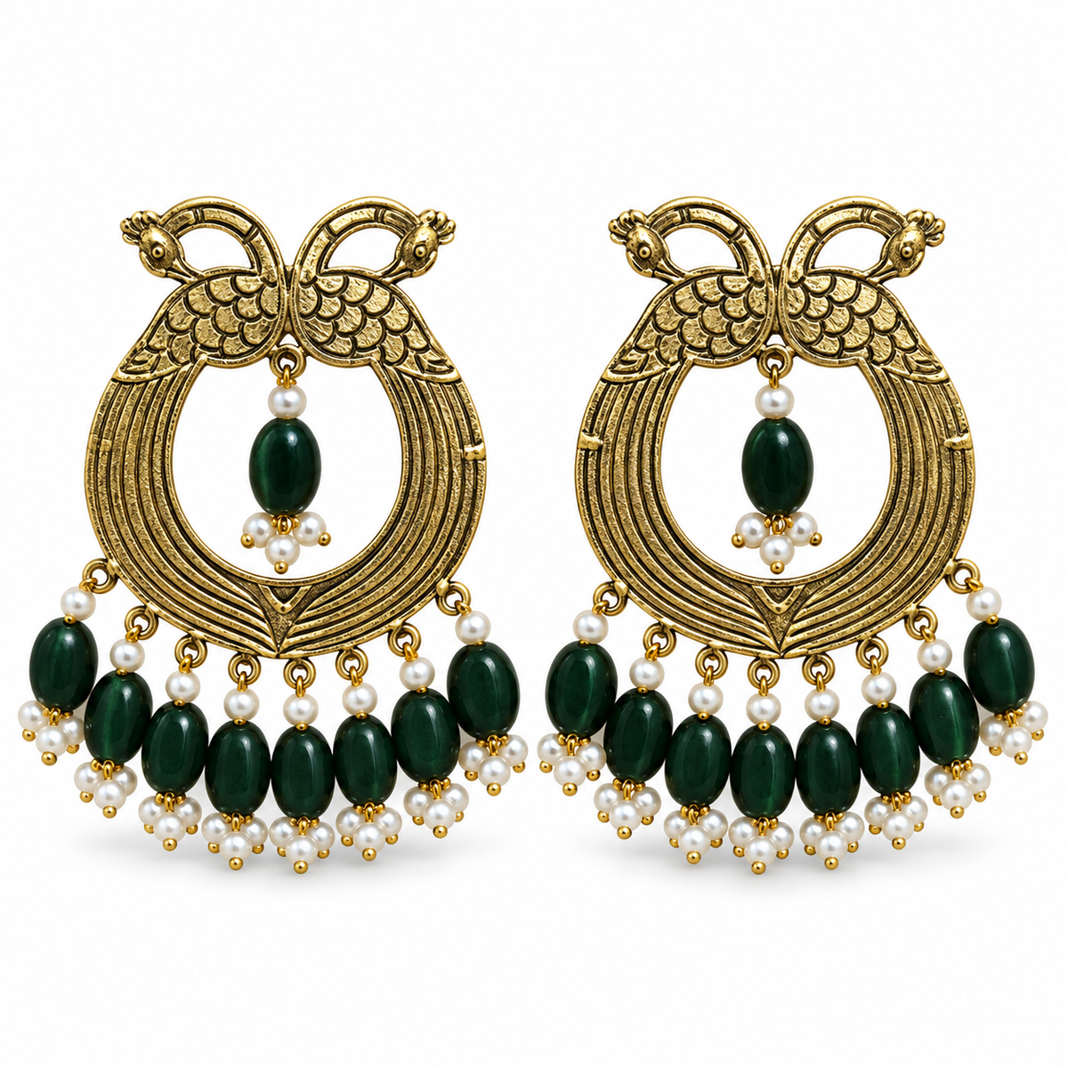 Gold-Tone Peacock Chandbali Earrings with Green Beads, matching pair on white background