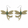 Antique Gold-Tone Dragonfly Earrings with Green Accents, matching pair on white background