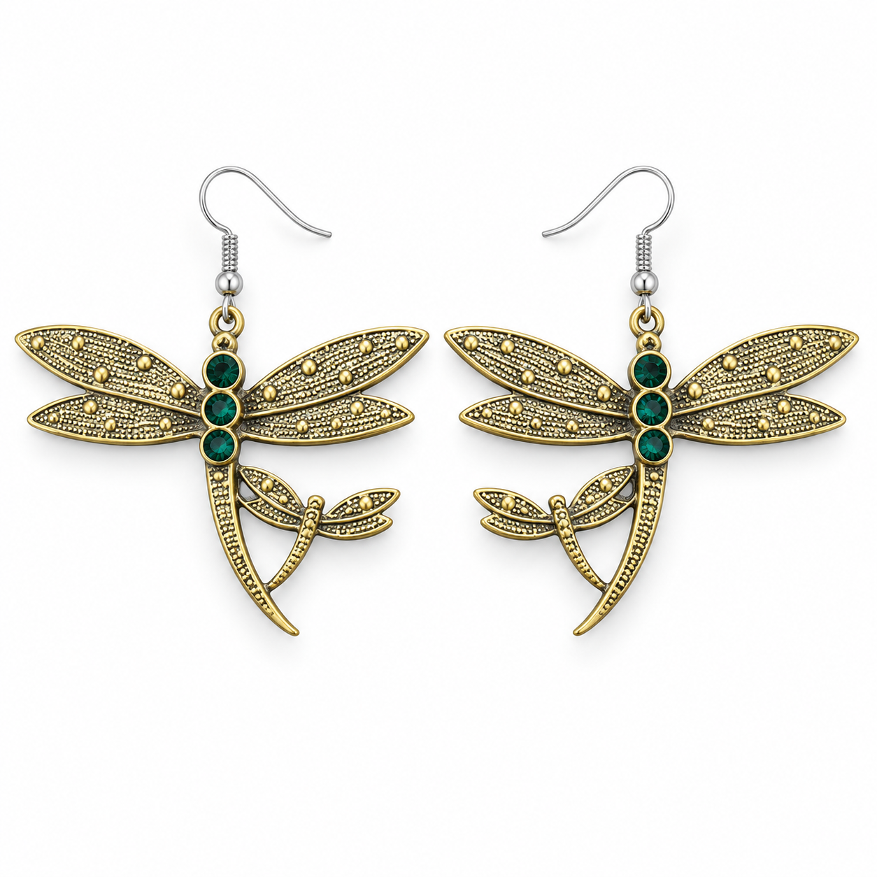 Antique Gold-Tone Dragonfly Earrings with Green Accents, matching pair on white background