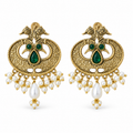 Green Peacock Chandbali Earrings with Pearl-Look Drops, matching pair on white background