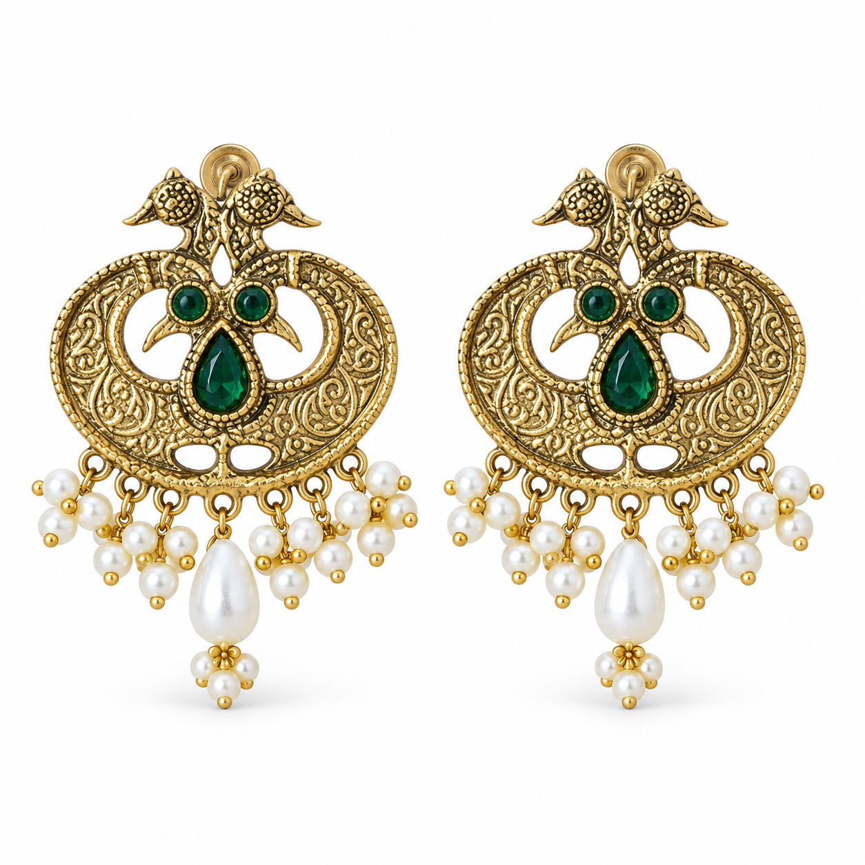 Green Peacock Chandbali Earrings with Pearl-Look Drops, matching pair on white background