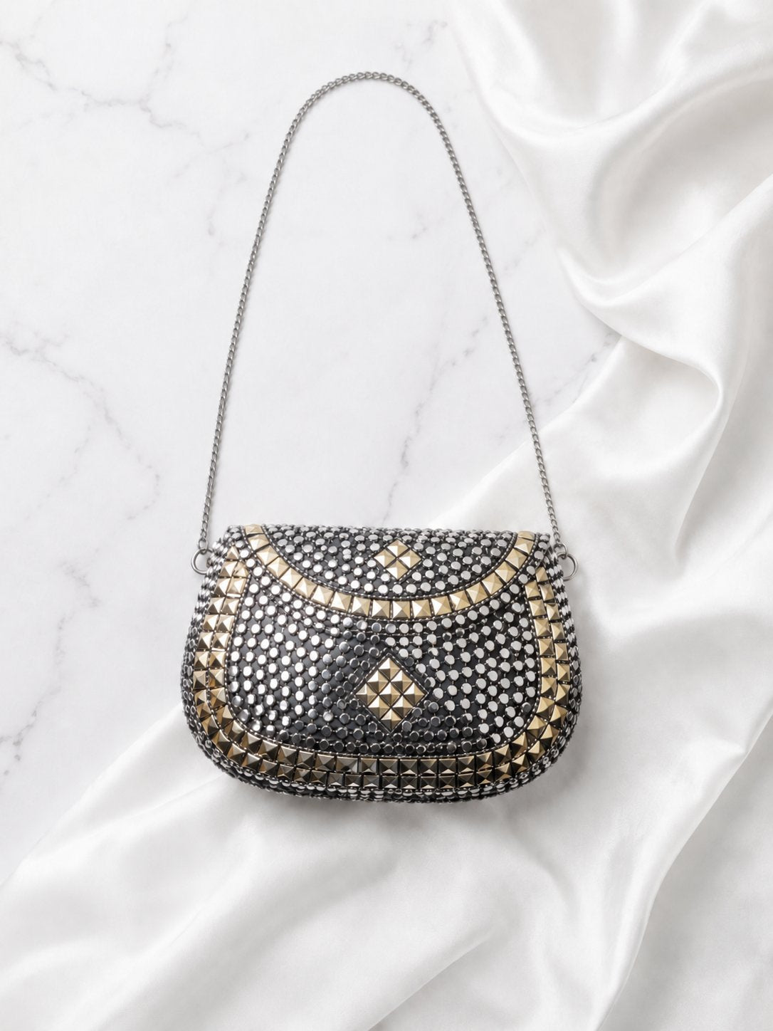 Gunmetal Gold Studded Clutch Bag with Chain Strap Beaded Half Moon Evening Bag - view 1
