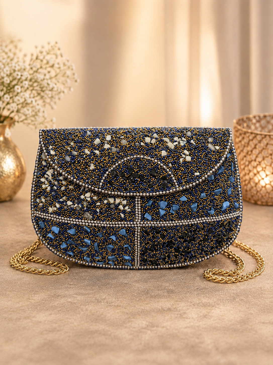 Handcrafted Beaded Evening Clutch Navy Gold Stone Embellished Bag with Chain Strap - view 1