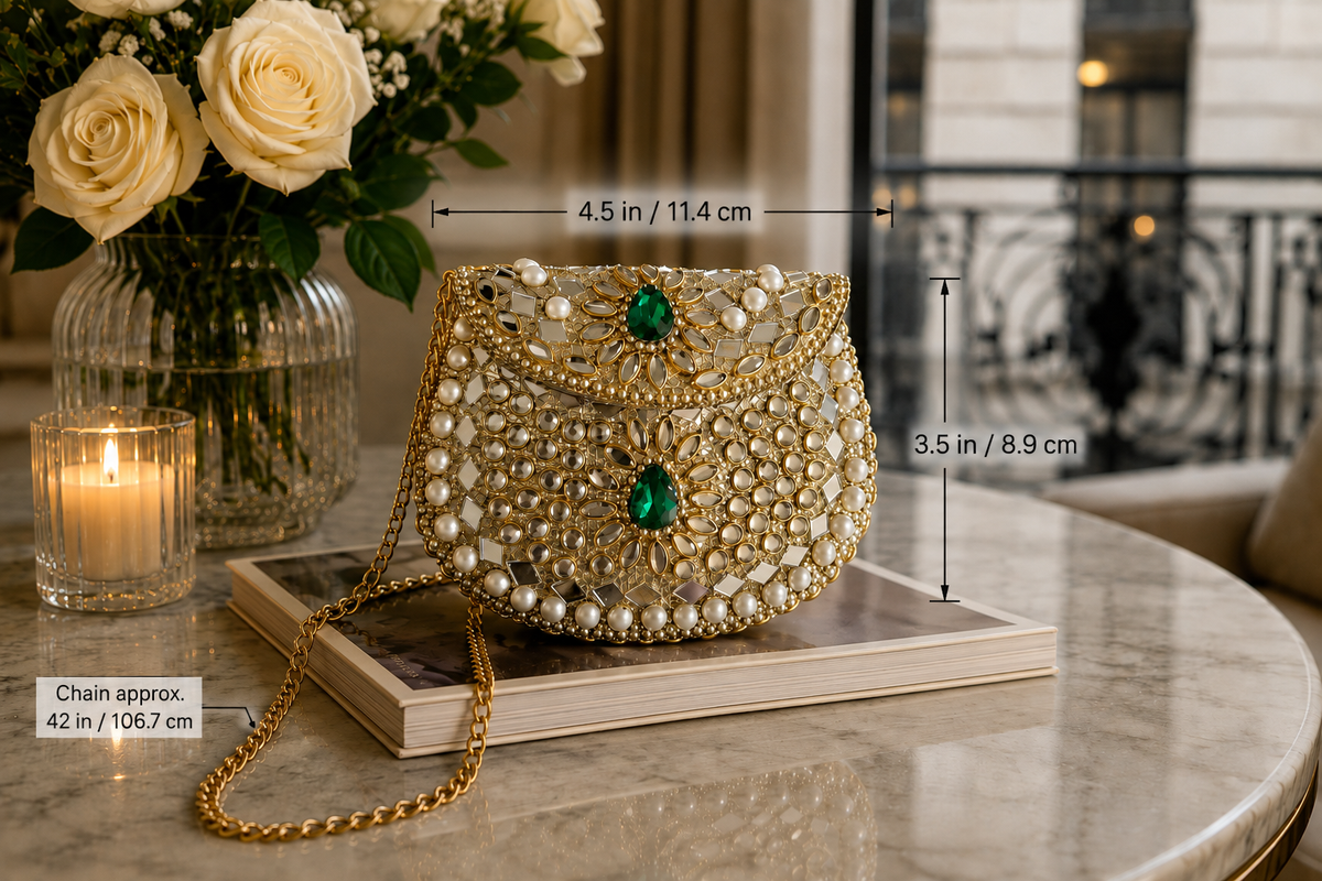 Handmade Pearl Mirror Beaded Metal Clutch Bag Emerald Evening Purse - view 2