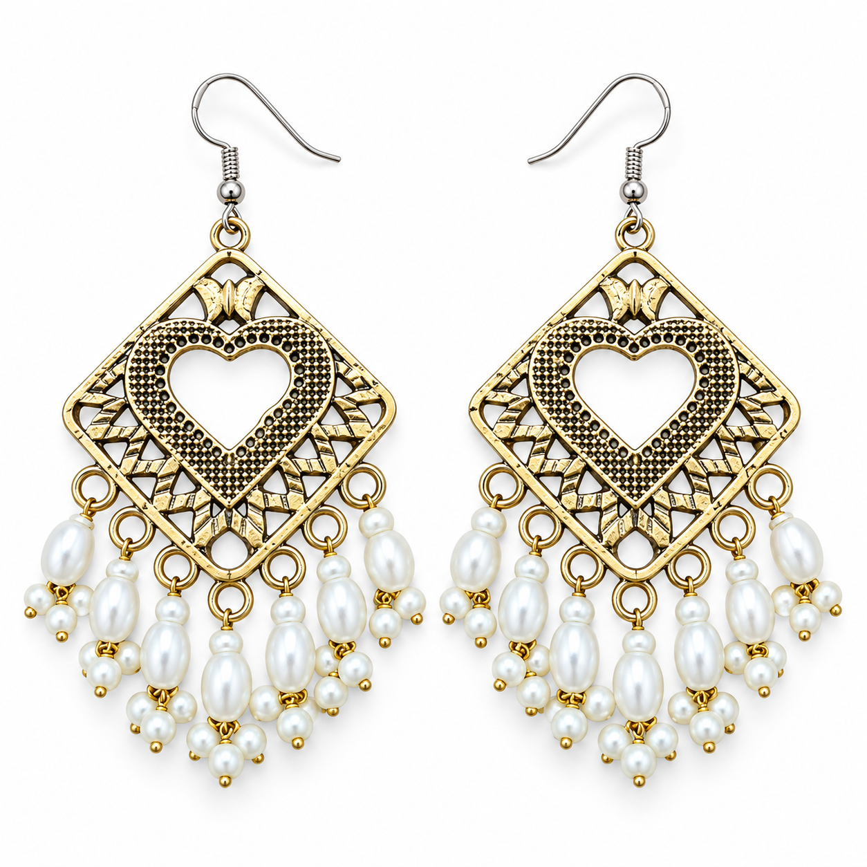 Gold-Tone Heart & Diamond Pearl-Look Drop Earrings, matching pair on white background
