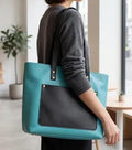 Genuine Leather Tote Bag for Women | Teal & Black Handbag with Front Pocket