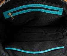 Genuine Leather Tote Bag for Women | Teal & Black Handbag with Front Pocket
