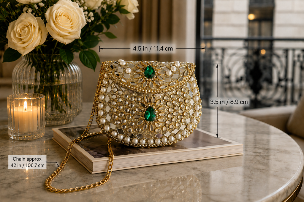Handmade Pearl & Mirror Beaded Metal Clutch Bag – Emerald Evening Purse