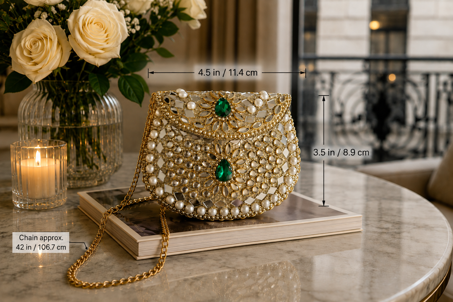 Handmade Pearl & Mirror Beaded Metal Clutch Bag – Emerald Evening Purse