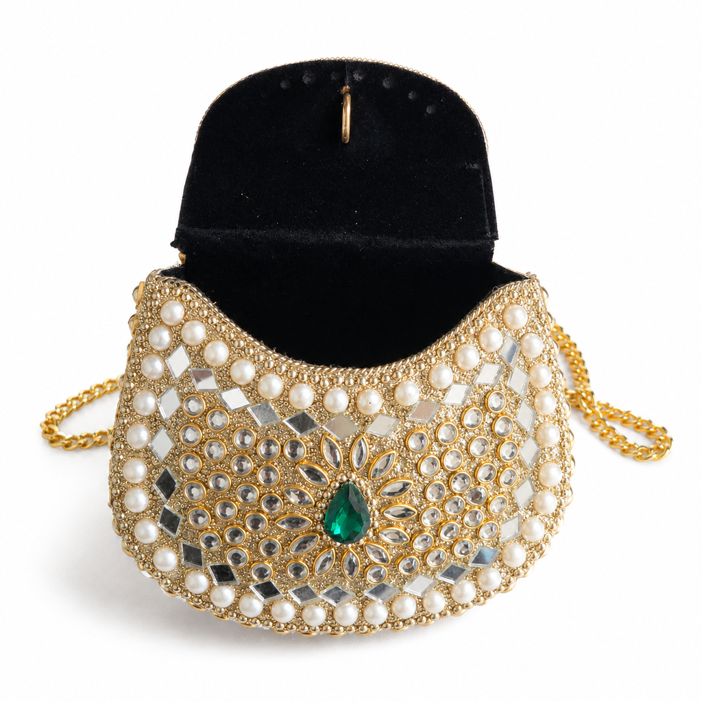 Handmade Pearl & Mirror Beaded Metal Clutch Bag – Emerald Evening Purse