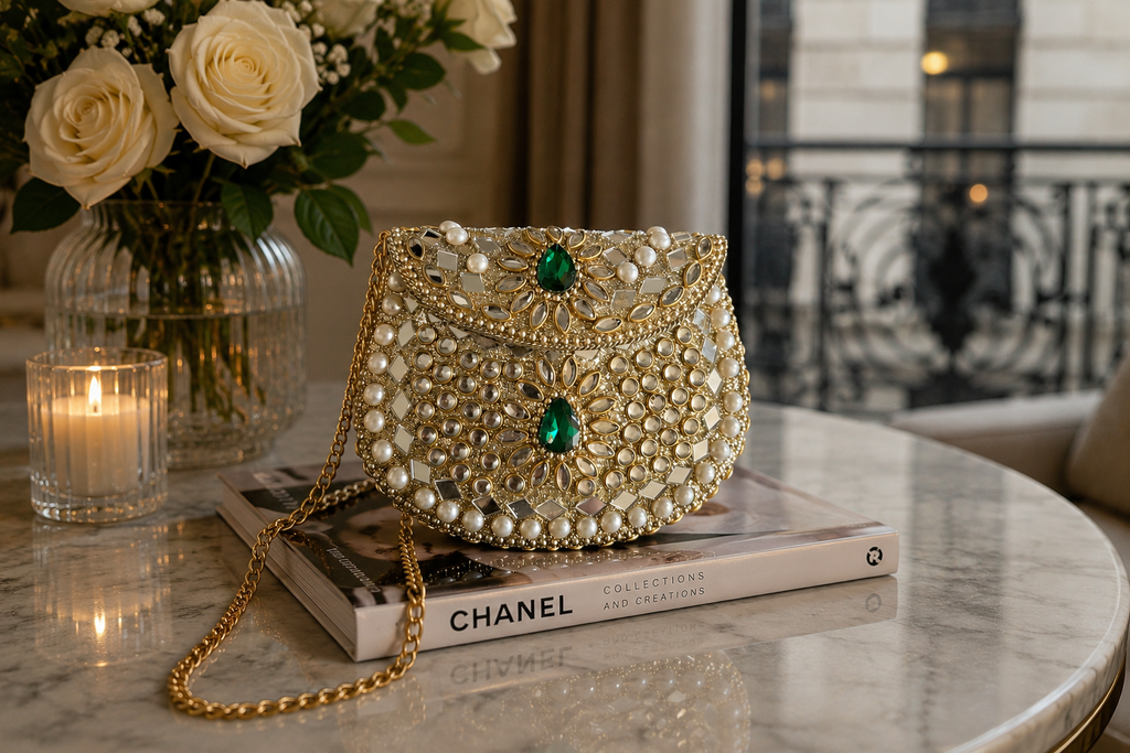 Handmade Pearl & Mirror Beaded Metal Clutch Bag – Emerald Evening Purse