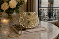 Handmade Pearl & Mirror Beaded Metal Clutch Bag – Emerald Evening Purse