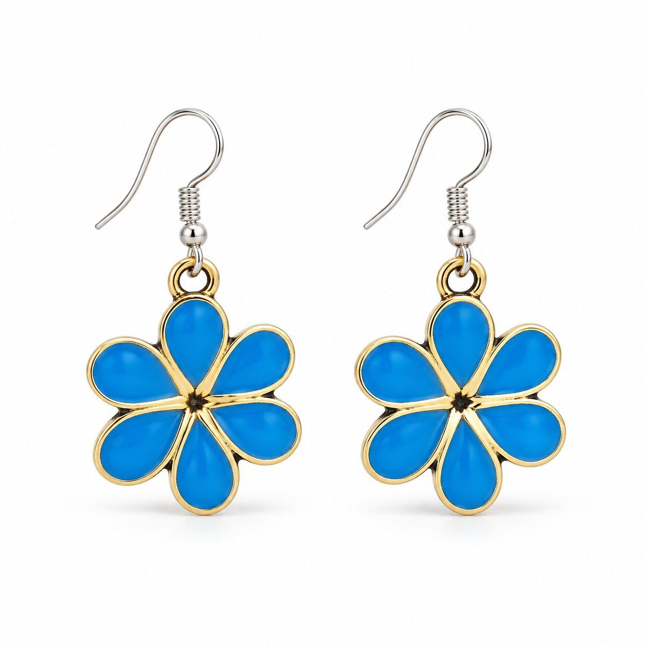 Blue enamel flower drop earrings with gold-tone trim and silver-tone fish hook wires - limited pieces available