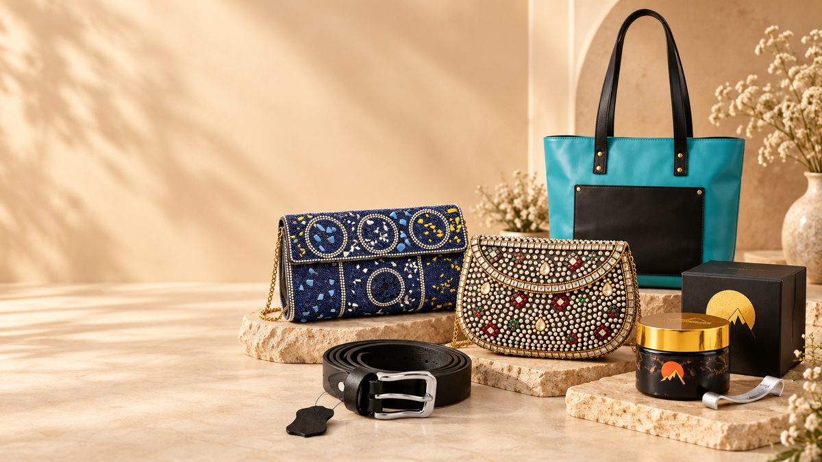 Jungle Mall lifestyle flat lay with navy and ivory beaded evening clutches, teal leather tote, black leather belt and Shilajit resin jar on terracotta backdrop