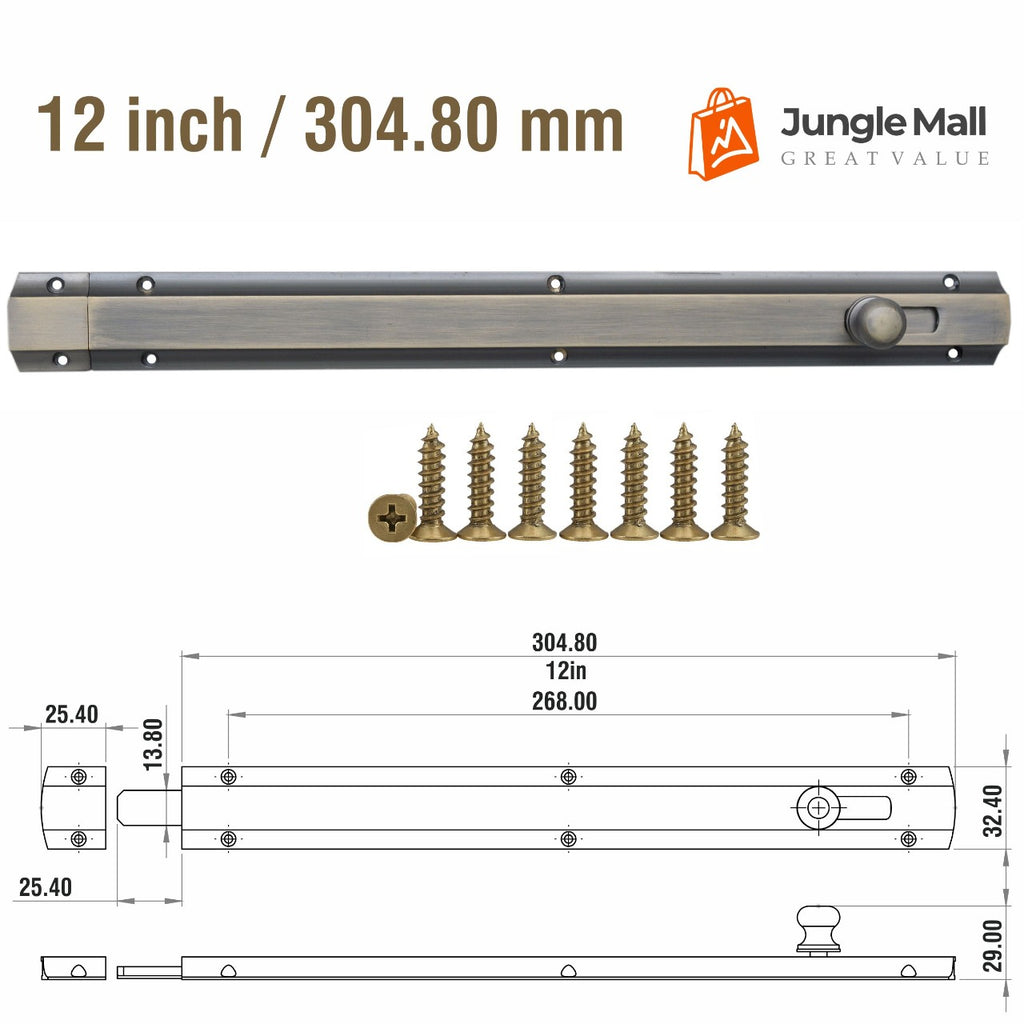 modern solid brass door bolt, antique brass finish, 12-inch dimensions