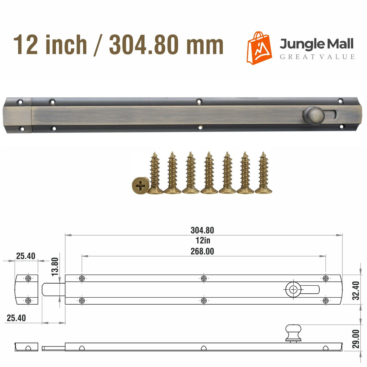 modern solid brass door bolt, antique brass finish, 12-inch dimensions