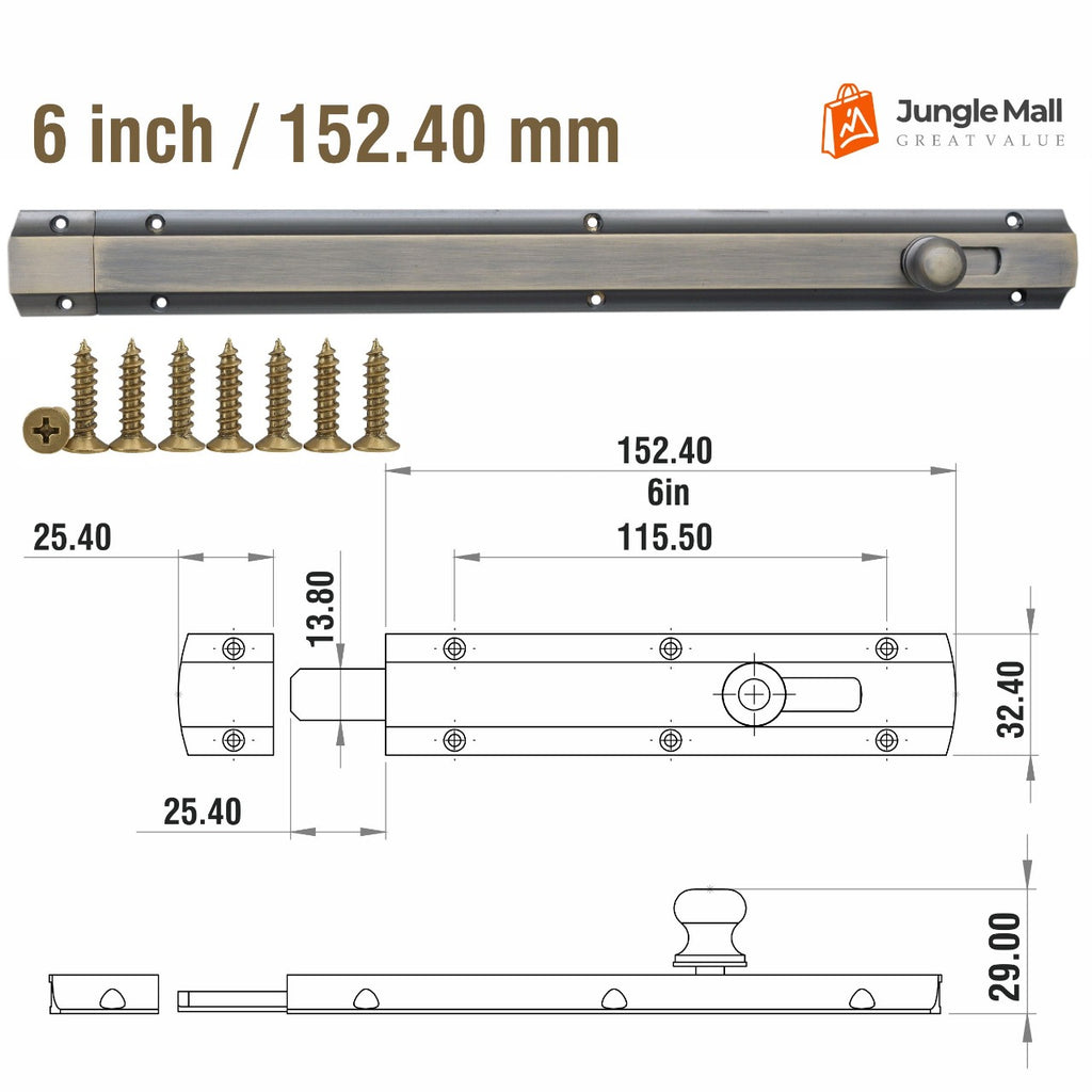 modern solid brass door bolt, antique brass finish, 6-inch dimensions