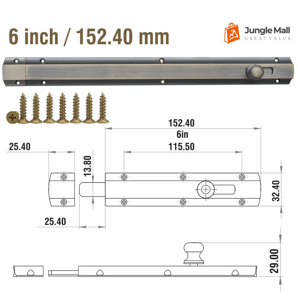 modern solid brass door bolt, antique brass finish, 6-inch dimensions