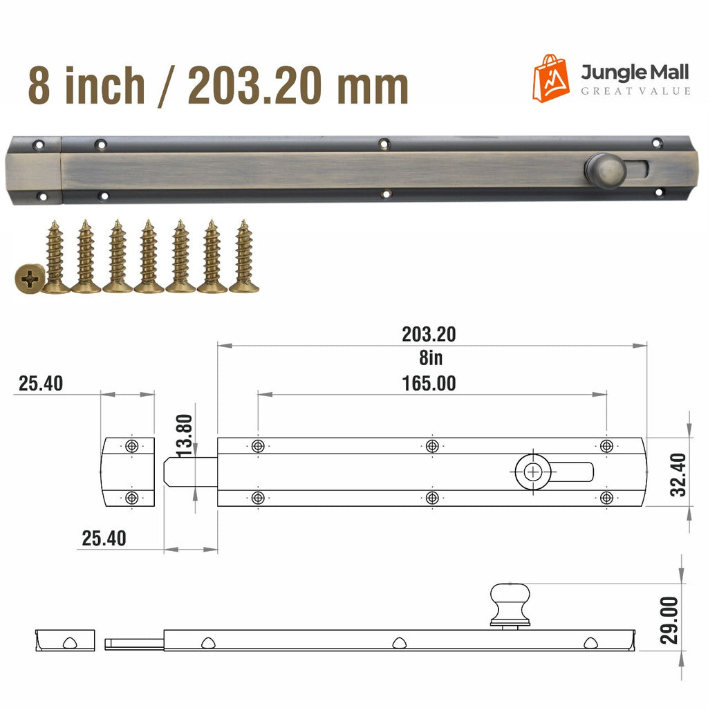 modern solid brass door bolt, antique brass finish, 8-inch dimensions