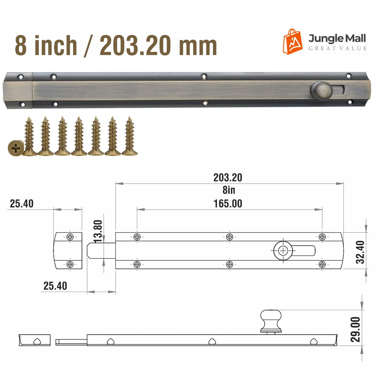modern solid brass door bolt, antique brass finish, 8-inch dimensions