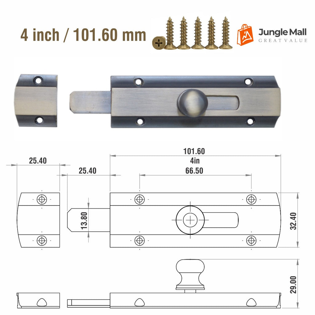 Modern solid brass sliding door bolt in antique brass finish, 4-inch size and dimensions