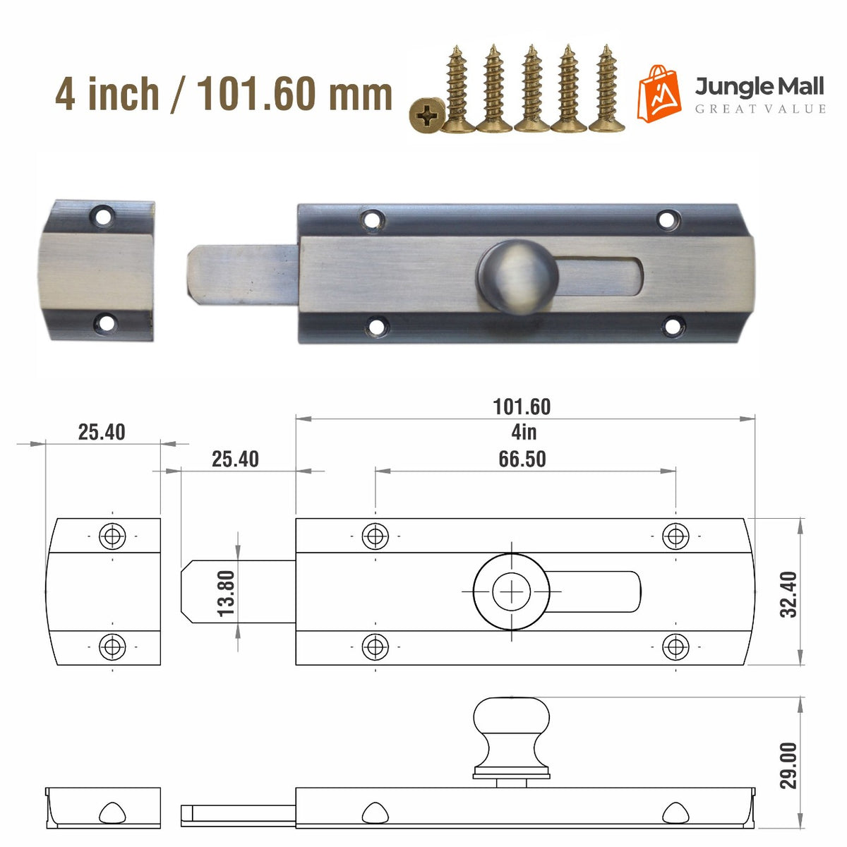 Modern solid brass sliding door bolt in antique brass finish, 4-inch size and dimensions