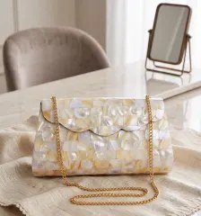 Mother of Pearl Mosaic Clutch Bag with Gold Chain Capiz Shell Evening Bag - view 1