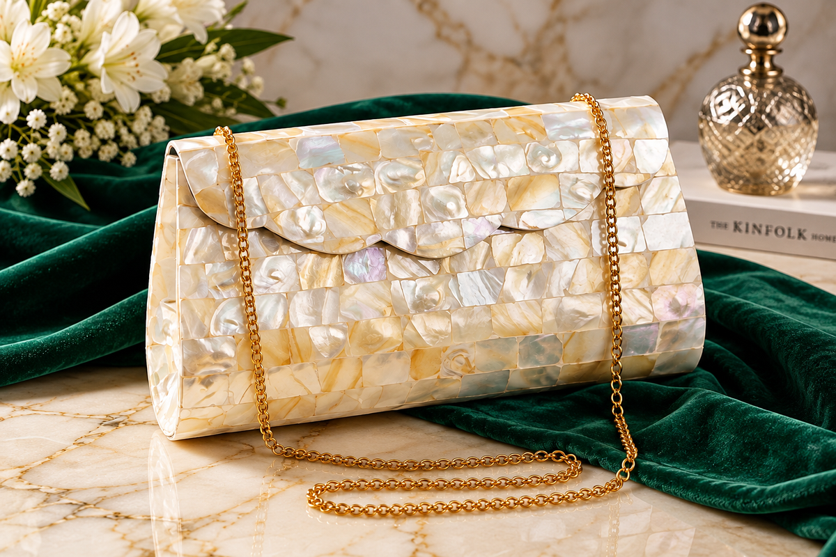 Mother of Pearl Mosaic Clutch Bag with Gold Chain Capiz Shell Evening Bag