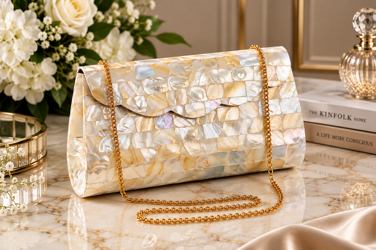 Mother of Pearl Mosaic Clutch Bag with Gold Chain Capiz Shell Evening Bag