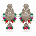 Oxidized silver jhumka earrings with engraved medallion and multicolour bead clusters, front view