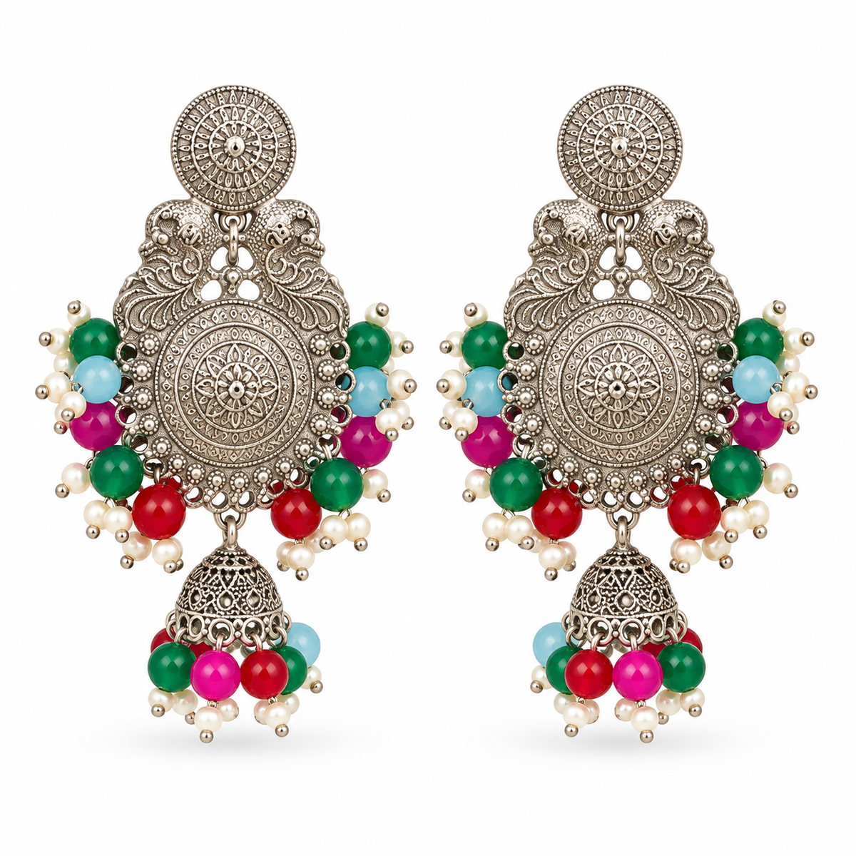 Oxidized silver jhumka earrings with engraved medallion and multicolour bead clusters, front view