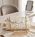 Mother of Pearl Mosaic Clutch Bag with Gold Chain Strap – Capiz Shell Evening Bag