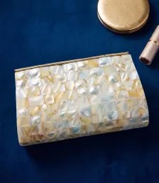 Mother of Pearl Mosaic Clutch Bag with Gold Chain Strap – Capiz Shell Evening Bag