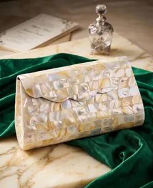 Mother of Pearl Mosaic Clutch Bag with Gold Chain Strap – Capiz Shell Evening Bag