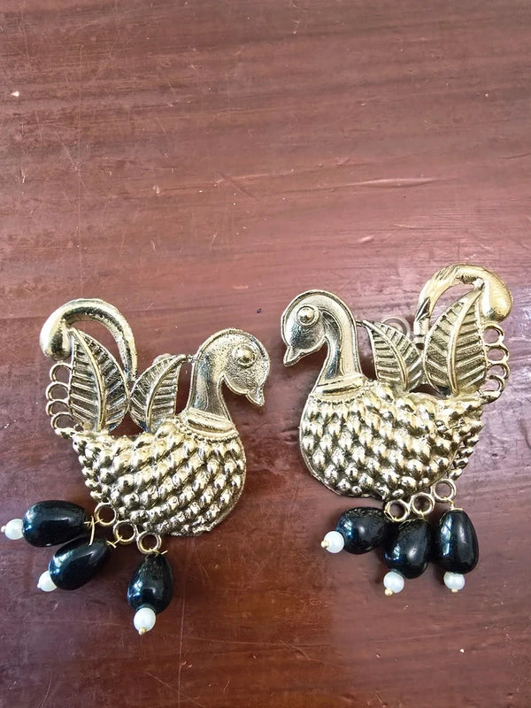 Antique gold tone swan statement earrings with black bead drops