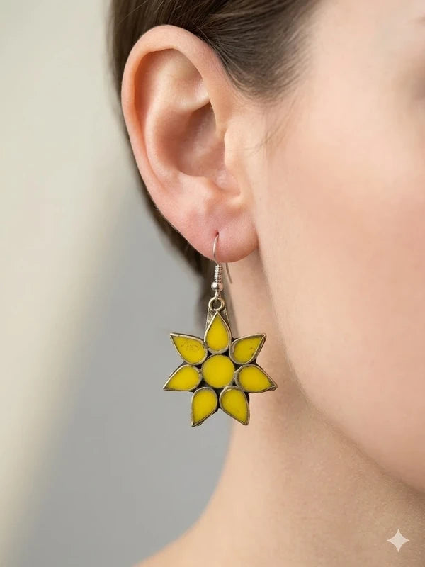 Yellow flower drop earrings with gold tone outline and hook fastening