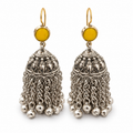 Yellow accent oxidised silver-tone jhumka earrings with chain tassels and bell charms, pair