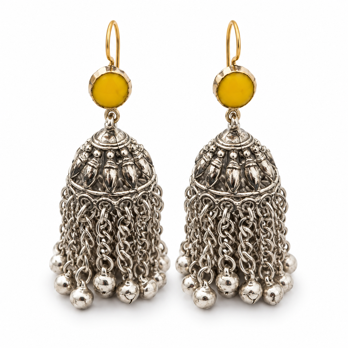 Yellow accent oxidised silver-tone jhumka earrings with chain tassels and bell charms, pair
